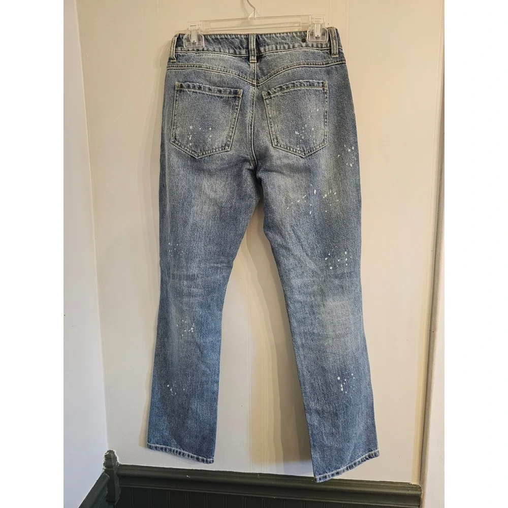 Cabi 100% BF Boyfriend Jeans Blue Distressed Paint Splatter Style 5884 Size 0